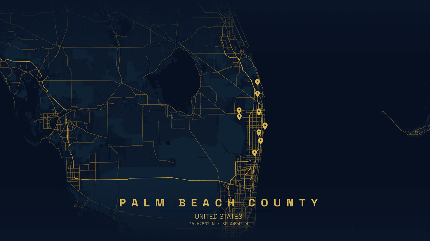 Map of Palm Beach County marking the cities CasaPure Maids serves